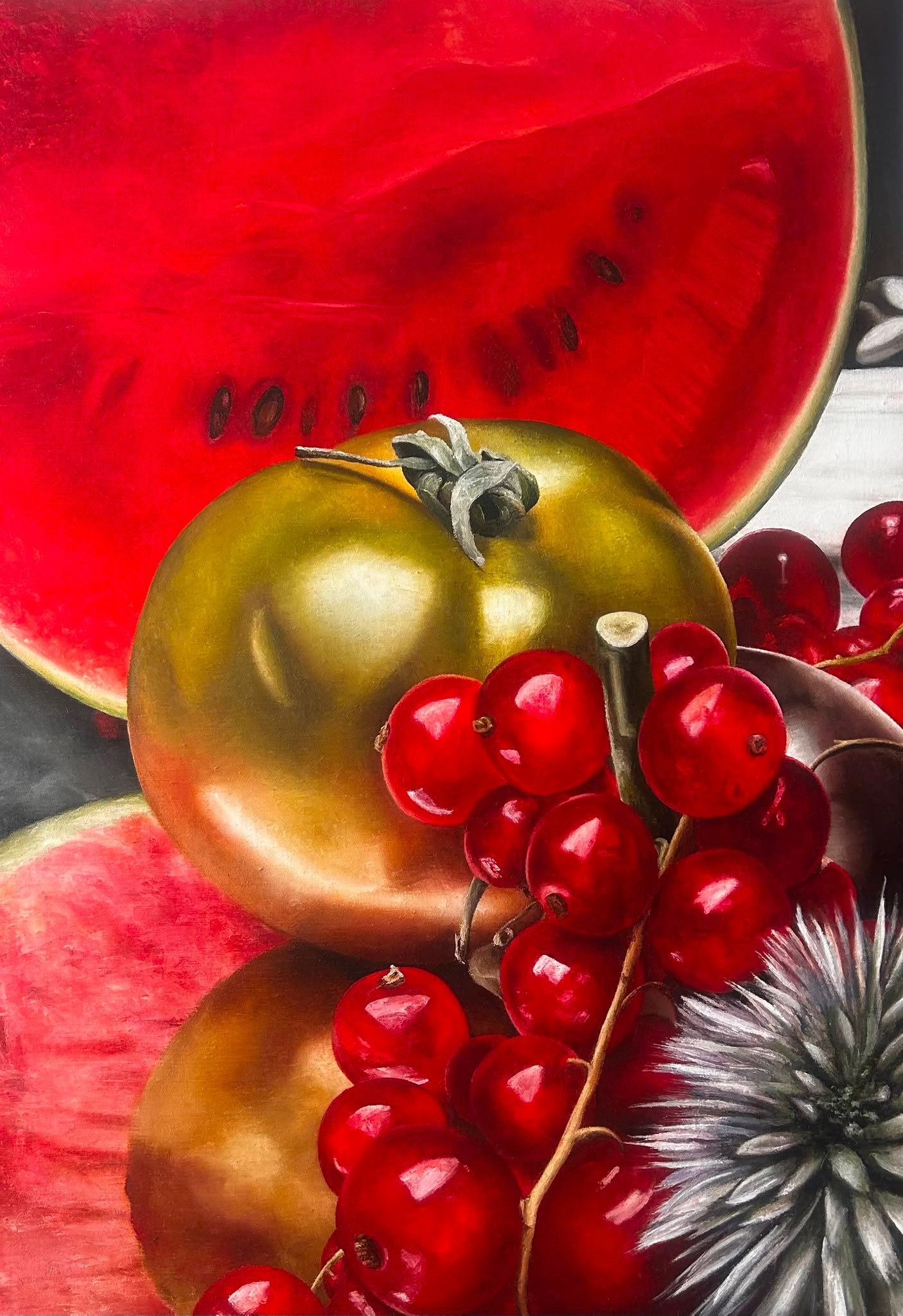 En compagnie d'une tomate verte, huile sur toile, par Annick Bouvattier